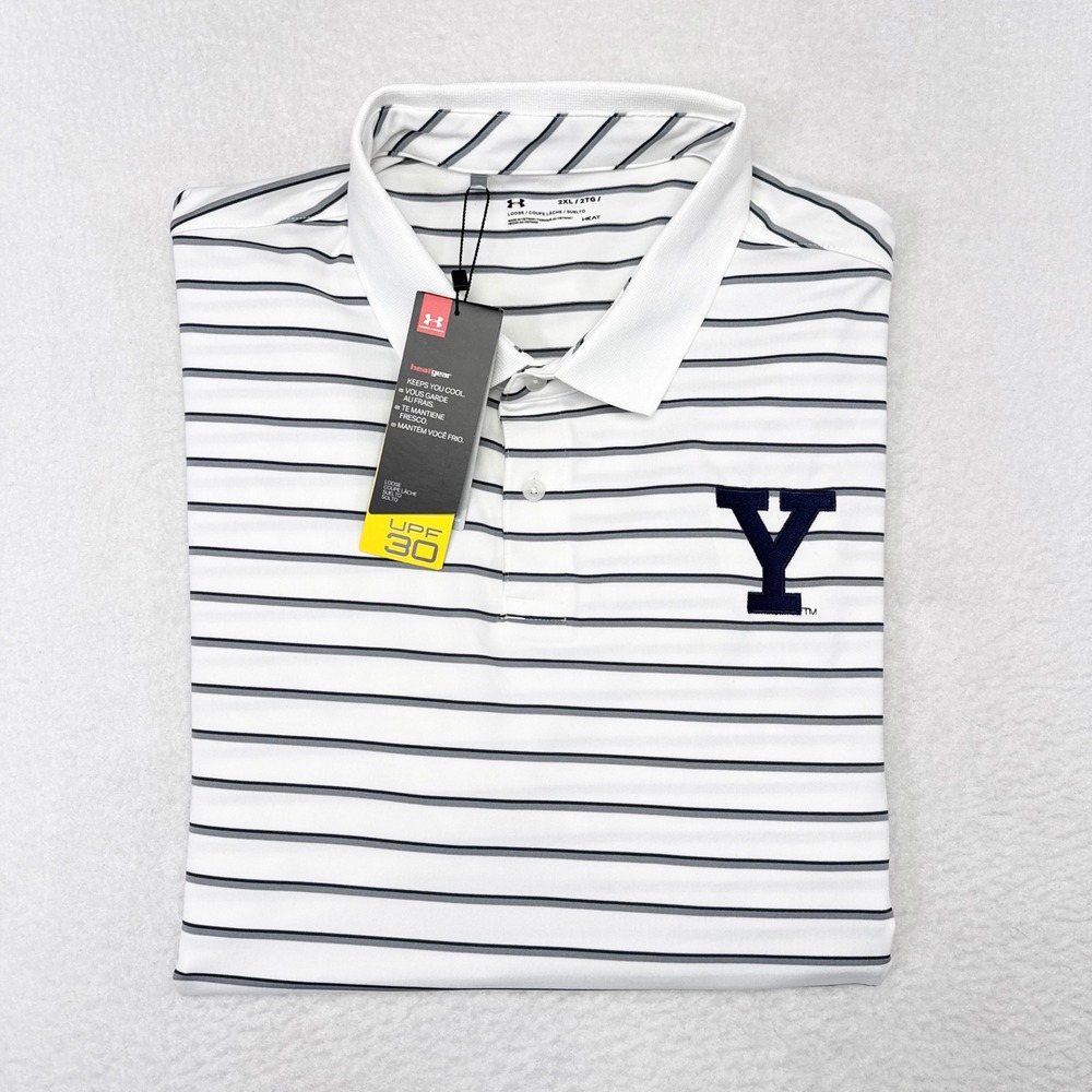 Yale Bulldogs Polo Shirt Mens Size 2XL White Striped Under Armour Golf Loose NEW